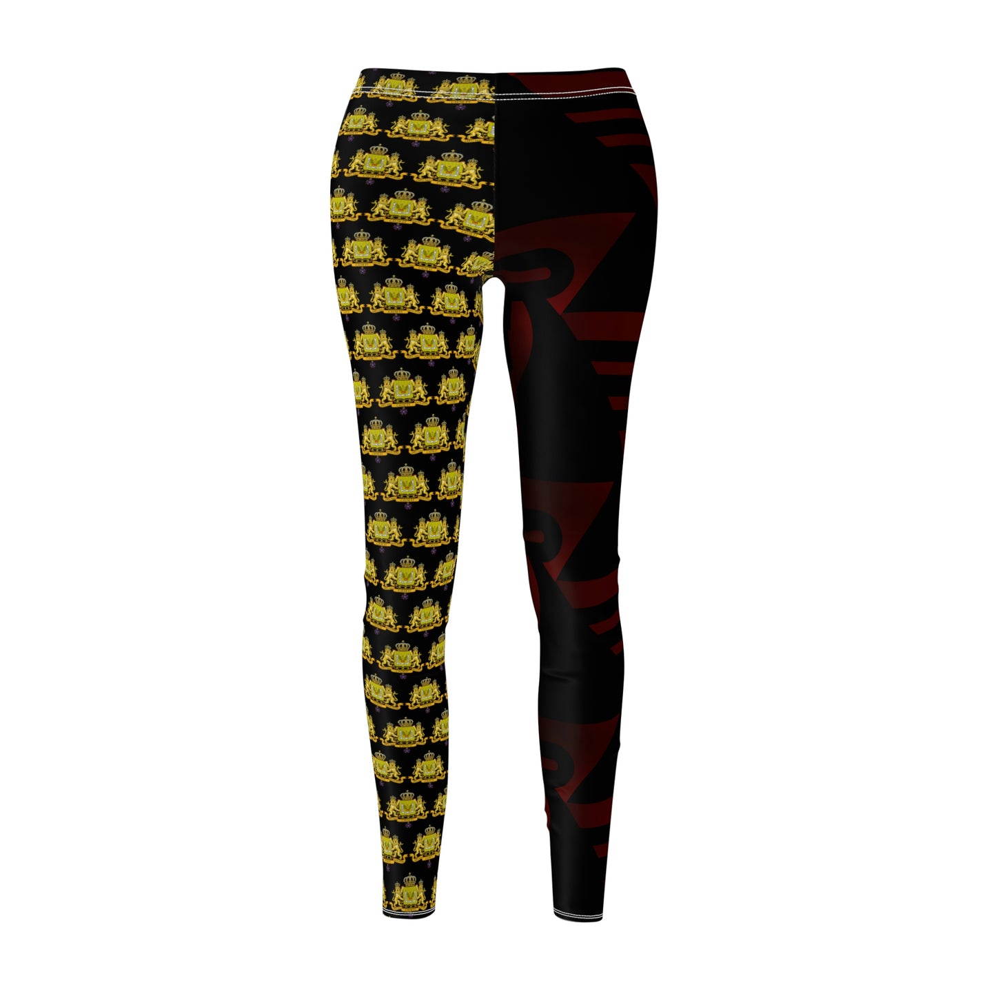 Women's Cut & Sew Casual Leggings Black+Gold+Low Red