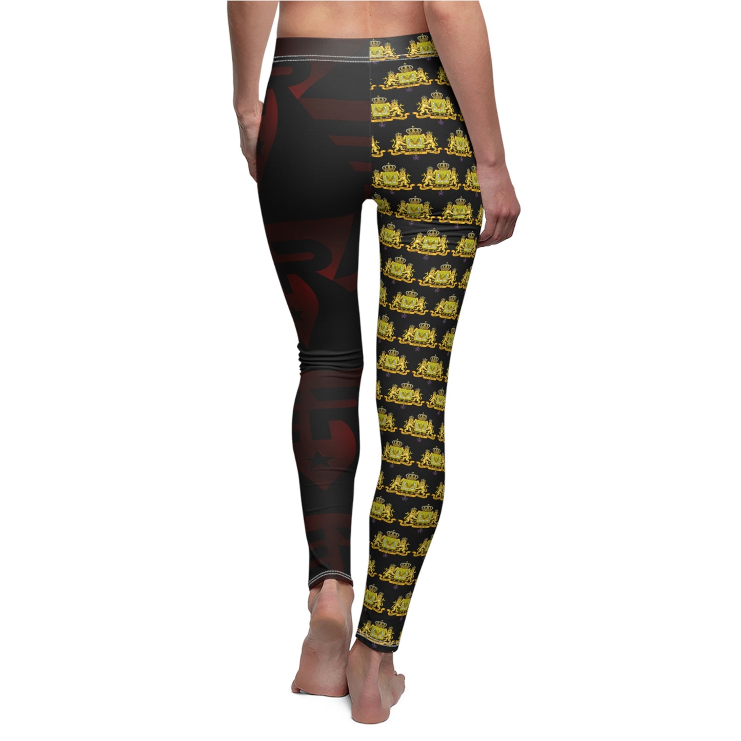 Women's Cut & Sew Casual Leggings Black+Gold+Low Red