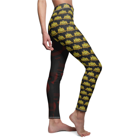 Women's Cut & Sew Casual Leggings Black+Gold+Low Red