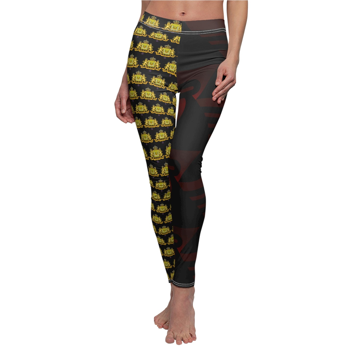 Women's Cut & Sew Casual Leggings Black+Gold+Low Red